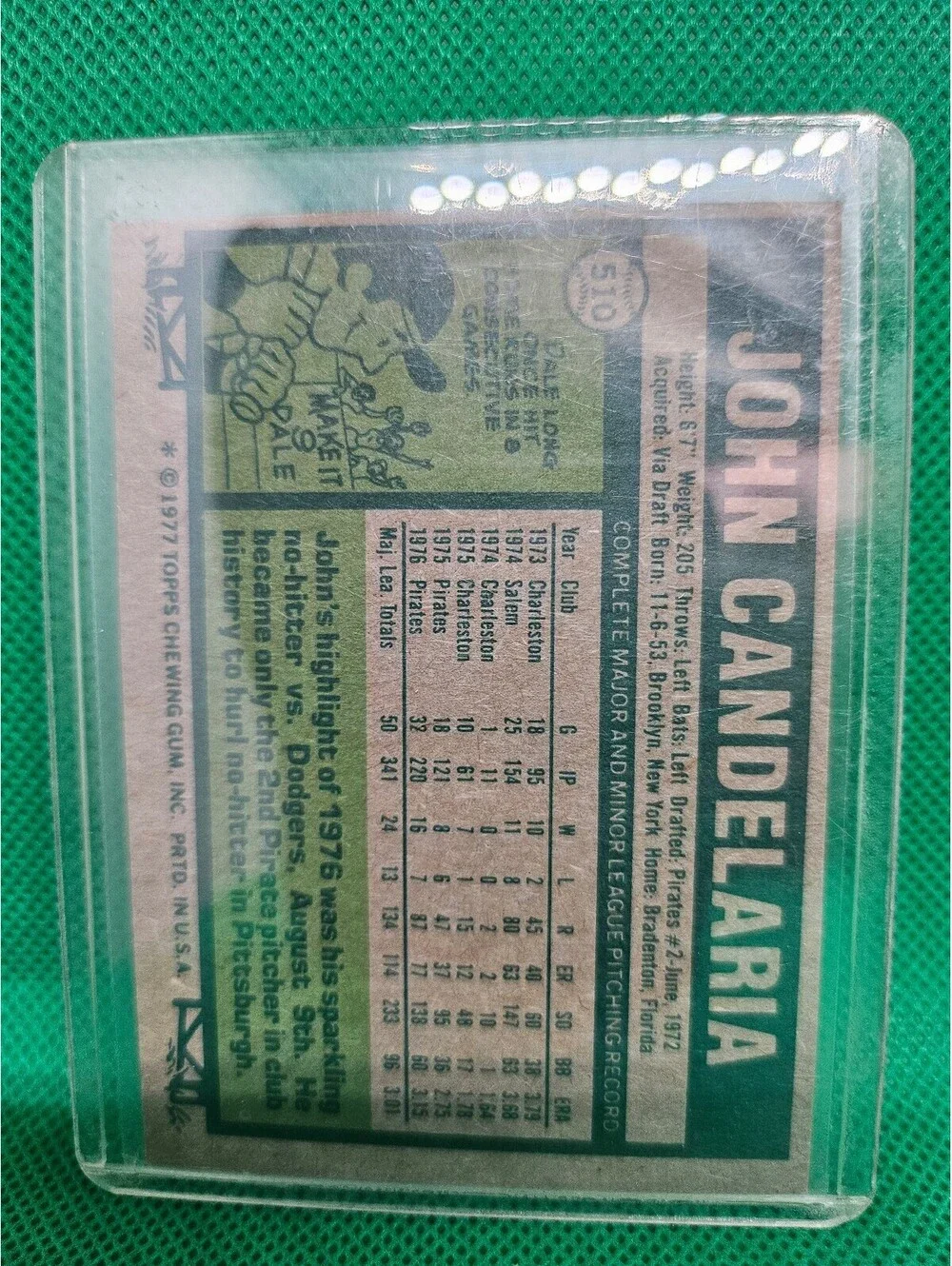 1977 Topps Baseball #510 John Candelaria Vintage Pittsburgh Pirates Trading Card